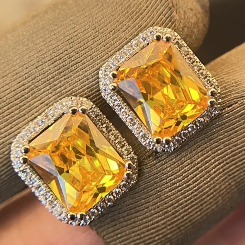 NEW Luxury Elegant S Silver 925 Yellow Sapphire Square Earrings